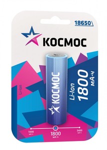Аккумулятор Космос 18650 Li-ion 1800 mAh без защиты, 1 блистер, арт.KOC18650Li-ion18UBL1