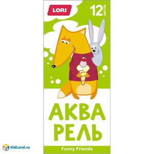Акварель FUNNY FRIENDS, 12 цветов, б/к, арт.Ааф-003